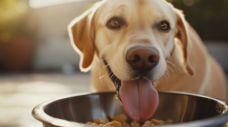 Close-up of a dog eagerly licking its tongue while sitting behind a food bowl, showcasing its excitement for mealtime.の素材