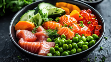 Close-up of a bowl of wet pet food containing a mix of fish, vegetables, and meat, showcasing its balanced and healthy contentsの素材