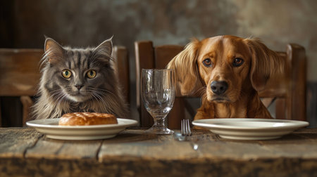 A fluffy cat and a curious dog seated at a table, patiently waiting for their meal, with a rustic background.の素材
