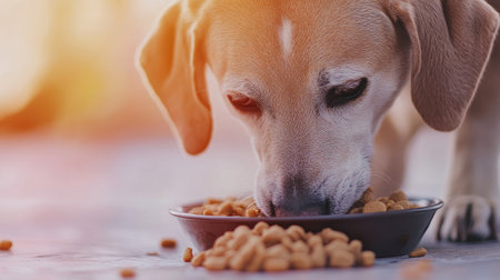 Close-up of a dog eating its food from a bowl on a soft pastel background, highlighting its satisfaction with the meal.の素材