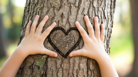 A child's hands forming a heart symbol on a tree trunk, representing environmental awareness and the nurturing of nature.の素材