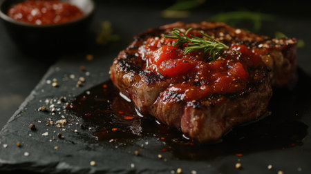 A beautifully grilled meat steak with tomato sauce and garnished with spices, set on a dark backdrop for a mouthwatering visual.の素材