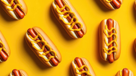 A stylish pattern of mustard-covered hot dogs on a contrasting background, showcasing a playful take on classic food items.の素材