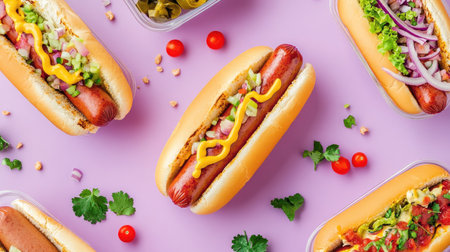 A tempting arrangement of hot dogs in containers on a pastel lavender background, highlighting fresh ingredients.の素材