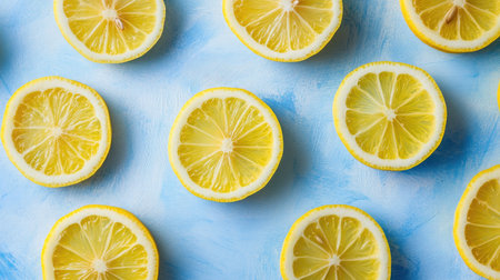 Lemon slices arranged on a soft blue pastel background, bursting with citrus energy.の素材