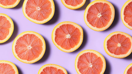 Grapefruit slices arranged on a soft purple pastel background, creating a zesty fruit pattern.の素材