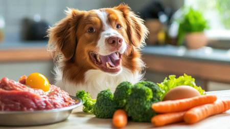 A dog with a bowl of raw meat, ground turkey, fresh carrots, broccoli, and an egg yolk on top, showcasing a nutritious raw mealの素材