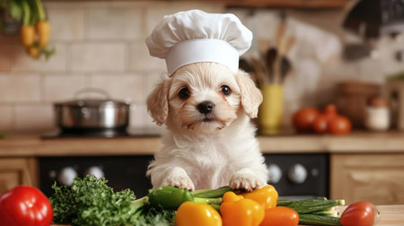 A fluffy puppy wearing a chef hat, confidently preparing vegetables in the kitchen, proving pets can have a flair for cooking.の素材