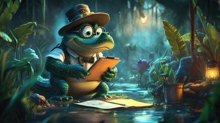 A cartoon alligator with a detective hat, magnifying glass, and a notepad, investigating a mystery in a whimsical swamp setting.の素材