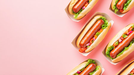 Close-up of delicious hot dogs in paper containers arranged neatly on a pastel pink background, perfect for a casual summer vibe.の素材