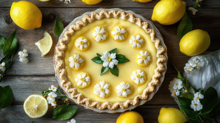 A homemade lemon pie with a decorative floral crust, lemons, and cherry blossoms on a weathered wooden table, perfect for rustic charm.の素材