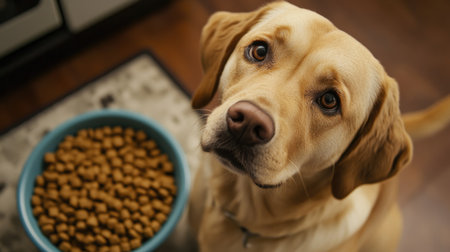 Close-up of a cute dog next to a bowl of dog food, looking up with a hopeful gaze, ideal for showcasing pet food.の素材