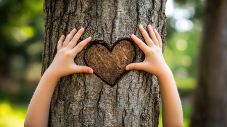 A child hands creating a heart shape on a tree trunk, highlighting a deep connection with nature and the environmentの素材