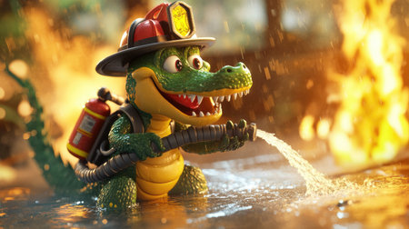 A cartoon alligator with a firefighter's helmet and hose, helping to put out a fire and save the day in a playful and heroic scene.の素材