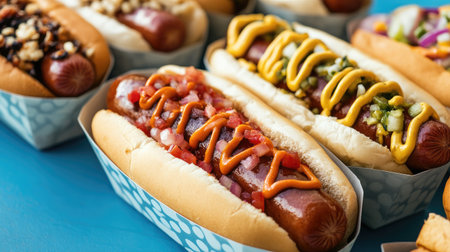 A mouthwatering display of hot dogs in containers on a soft blue pastel background, with a focus on their juicy toppings.の素材