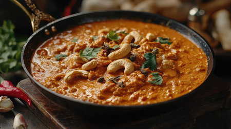Indian kaju masala served in a traditional pan, showcasing creamy cashew curry with aromatic spices and garnishes.の素材