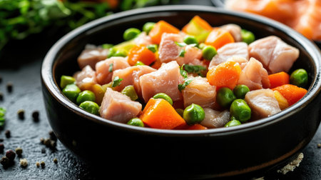 Close-up of a bowl of wet pet food containing a mix of fish, vegetables, and meat, showcasing its balanced and healthy contentsの素材