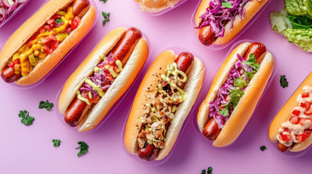 A tempting arrangement of hot dogs in containers on a pastel lavender background, highlighting fresh ingredients.の素材