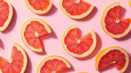 A vibrant pattern of grapefruit slices on a pastel pink background, full of citrusy brightness.の素材