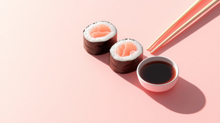 Japanese sushi rolls with soy sauce and chopsticks on a pastel pink background, featuring bold shadows.の素材
