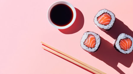 Japanese sushi rolls with soy sauce and chopsticks on a pastel pink background, featuring bold shadows.の素材
