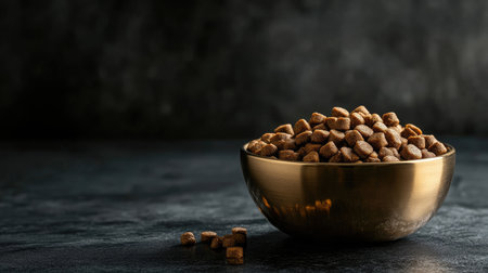 Elegant gold bowl of gourmet dog food against a dark charcoal backdrop, emphasizing sophistication in pet nutrition.の素材