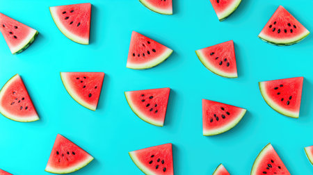 Watermelon slice pattern on a vibrant blue background, creating a refreshing visual.の素材
