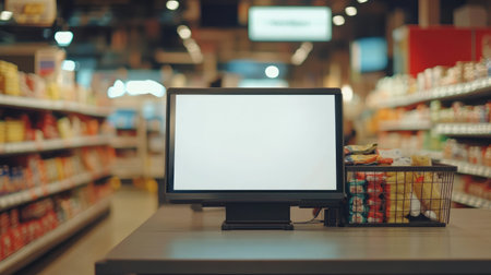 A digital blank screen at a supermarket checkout counter with a blurred aisle in the background, ready for customizationの素材