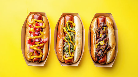 Hot dogs in paper trays placed on a pastel yellow background, showcasing vibrant toppings and sauces.の素材