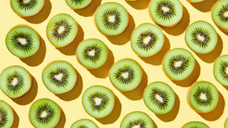 Kiwi slices arranged in a uniform pattern on a pastel yellow background, with shadows adding depth to the flat lay.の素材