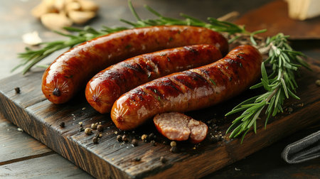 Roasted Bavarian sausages with rosemary, served on a rustic board, capturing the essence of traditional German cuisineの素材