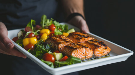 A cook holding a white tray with perfectly grilled salmon fillet and a fresh vegetable salad, ready for serving, against a dark background.の素材