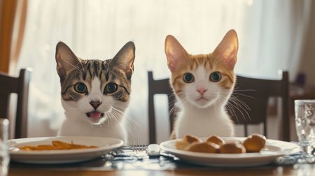 A cute dog and cat sitting side by side at a dining table, eagerly waiting for food, with playful expressions on their faces.の素材
