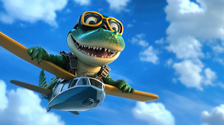 A cartoon alligator with a pilot's hat and goggles, flying a small plane through a bright blue sky, enjoying a thrilling adventure.の素材