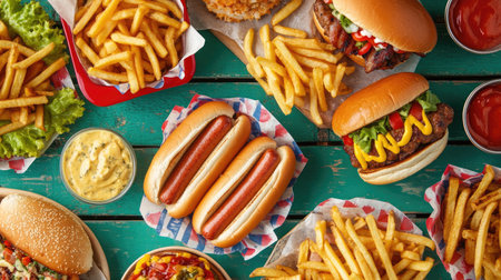 Close-up of an array of American dishes, including juicy hot dogs, crispy fries, and hamburgers, laid out on a vibrant picnic table.の素材