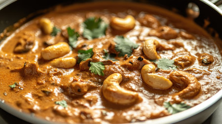 Cashew curry, or kaju masala, served in a pan, with rich, creamy sauce and spices, captured in vibrant colors and texturesの素材