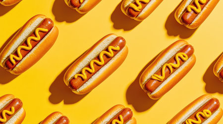 A pattern of hot dogs topped with mustard, arranged artistically on a bright background, emphasizing their classic appeal.の素材