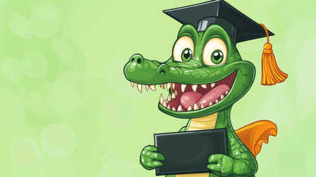 A cartoon alligator with a graduation cap and diploma, celebrating a special achievement with a proud and happy expression.の素材
