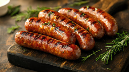 Roasted Bavarian sausages with rosemary, served on a rustic board, capturing the essence of traditional German cuisineの素材