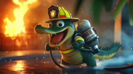A cartoon alligator with a firefighter's helmet and hose, helping to put out a fire and save the day in a playful and heroic scene.の素材