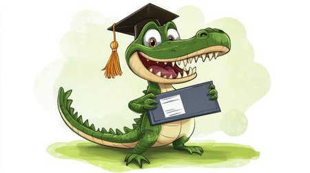 A cartoon alligator with a graduation cap and diploma, celebrating a special achievement with a proud and happy expression.の素材