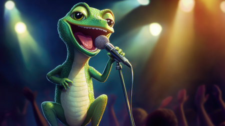 A cheerful cartoon lizard singing into a microphone, with a spotlight and audience cheering, portraying a fun concert scene.の素材