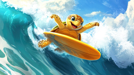 A cartoon turtle with a surfboard, riding a wave with a big smile, enjoying a day at the beach and embracing the surf culture.の素材