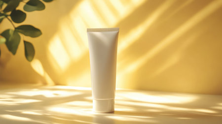 A cosmetic skincare lotion tube stands upright on a bright, sunny background with rays of sunlight illuminating the packaging, ideal for a sun lotion mock-up template.の素材