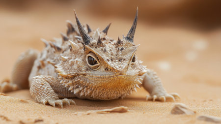 A horned lizard camouflaged in the desert sand, with its spiky appearance and keen eyes, demonstrating the defensive mechanisms of reptiles.の素材