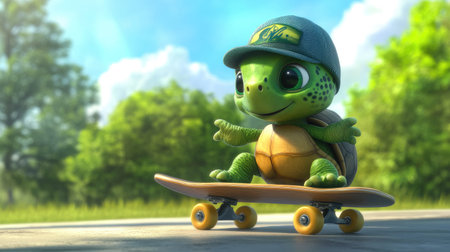 A cute cartoon turtle riding a skateboard, with a backward cap and a cool attitude, showcasing a fun and sporty side of reptiles.の素材