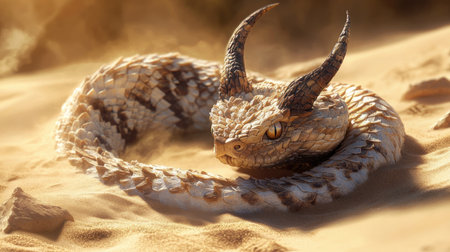 A horned viper coiled in the sand, with its horns raised and eyes fixed on the horizon, ready to strike.の素材