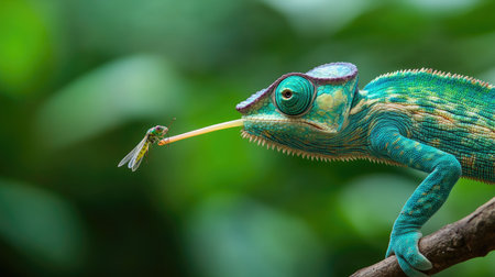 A chameleon extending its long, sticky tongue to catch an insect, showcasing its hunting technique and adaptability.の素材