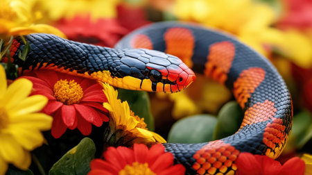 A coral snake slithering through a bed of flowers, with its vibrant red, yellow, and black bands, highlighting its warning coloration.の素材