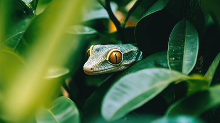 A gecko hiding among the leaves, its body blending seamlessly with the foliage, highlighting the stealthy nature of reptiles.の素材